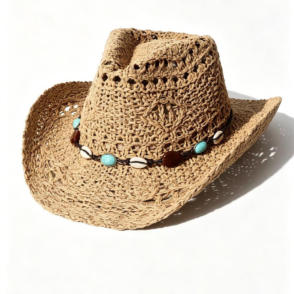 Spot Hollow Woven Beaded Accessories Western Cowboy Hat Cowboy Hat European and American Vacation Sunscreen Straw Hat