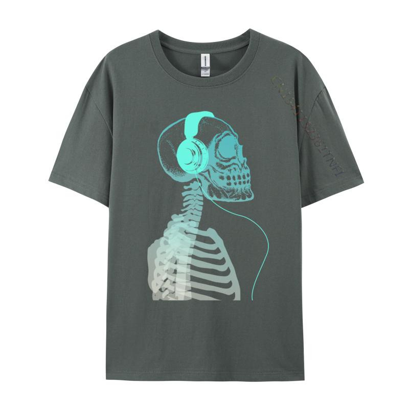 Skeleton Listening To Music With Headphones On His Skull T Shirt Black Vintage T-Shirt Pure Cotton Unique Camisas Hombre