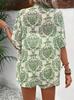2025 Elegant Two-Piece Vacation Print Set: Short Sleeve Tie-Waist Shirt & High-Waist Shorts