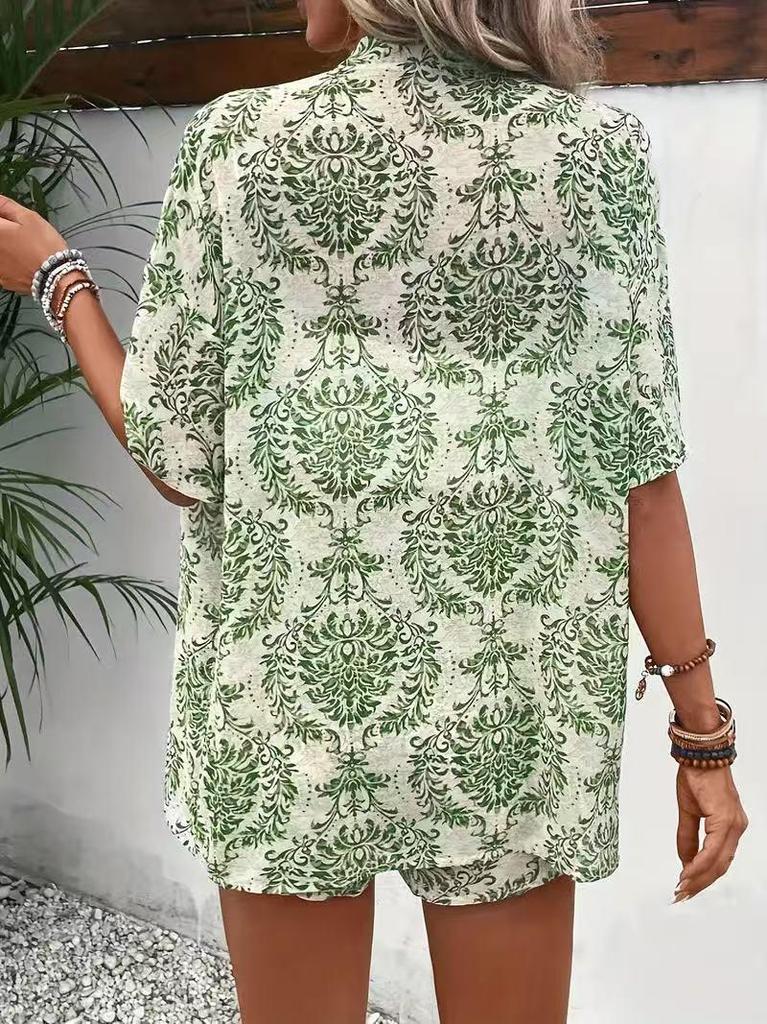 2025 Elegant Two-Piece Vacation Print Set: Short Sleeve Tie-Waist Shirt & High-Waist Shorts