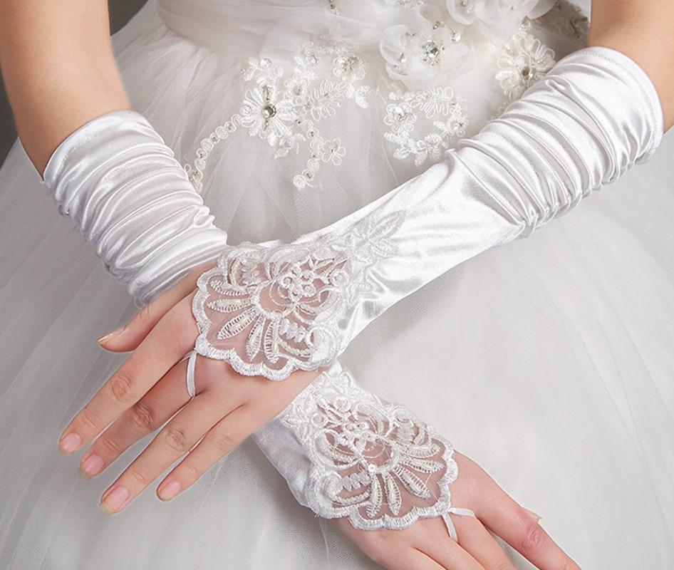 

1 пара Элегантные Длинные Свадебные Перчатки До Локтя Женские Без Пальцев Свадебное Платье Аппликация Сатин Танцевальные белый
