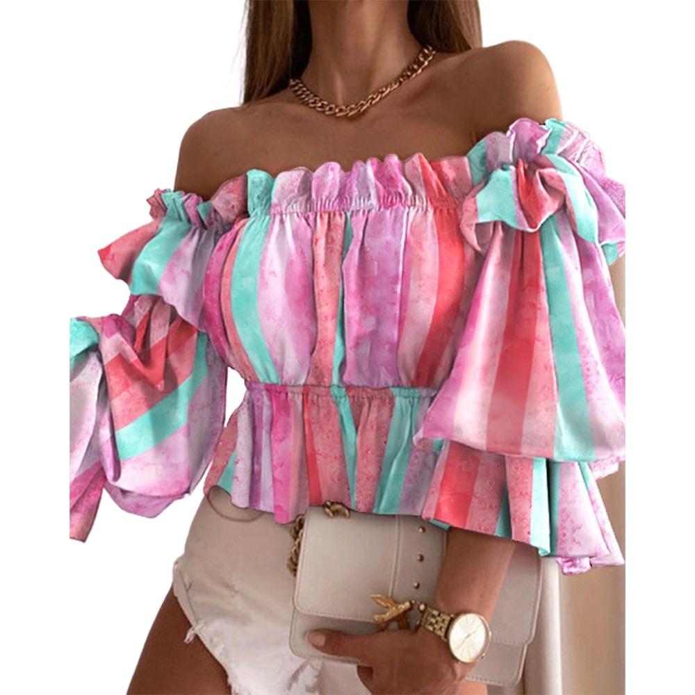 

GMXIA Женские модные повседневные летние блузки и рубашки с рукавом 3/4 на одно плечо XXL