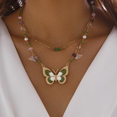 Small Fresh Butterfly Copper Clad Iron Chain Necklace Set Sweet Alloy Multi-Layers Collar Chain