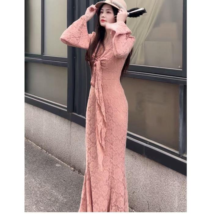 Spring & Autumn Sexy V-Neck Lace Dress - Solid Color, Slim-Fit, Hip-Hugging, Mid-Length Skirt for Women, Exudes Elegant Temperament.