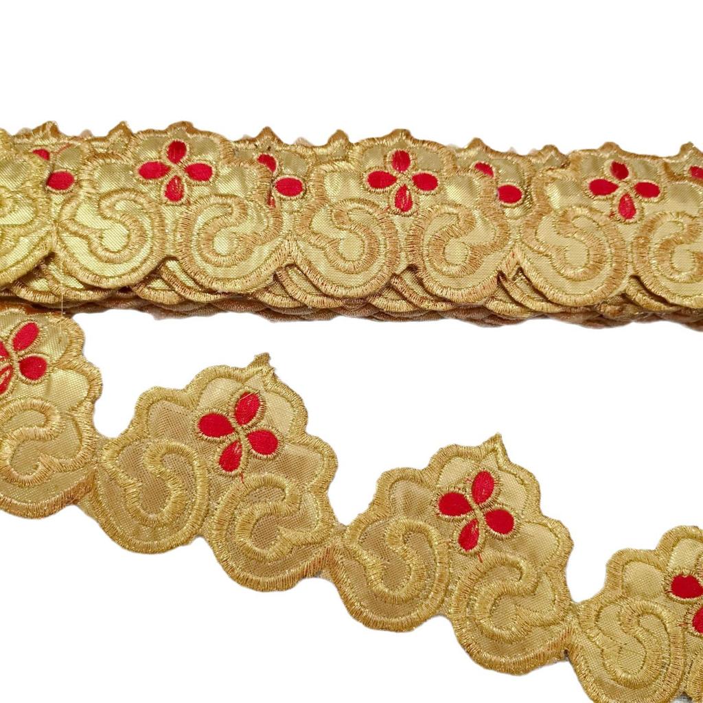 Longevity Peach Gold Embroidered Iron-on Applique with Self-Adhesive Long Strip for Skirt Hem or Stage Waistband.