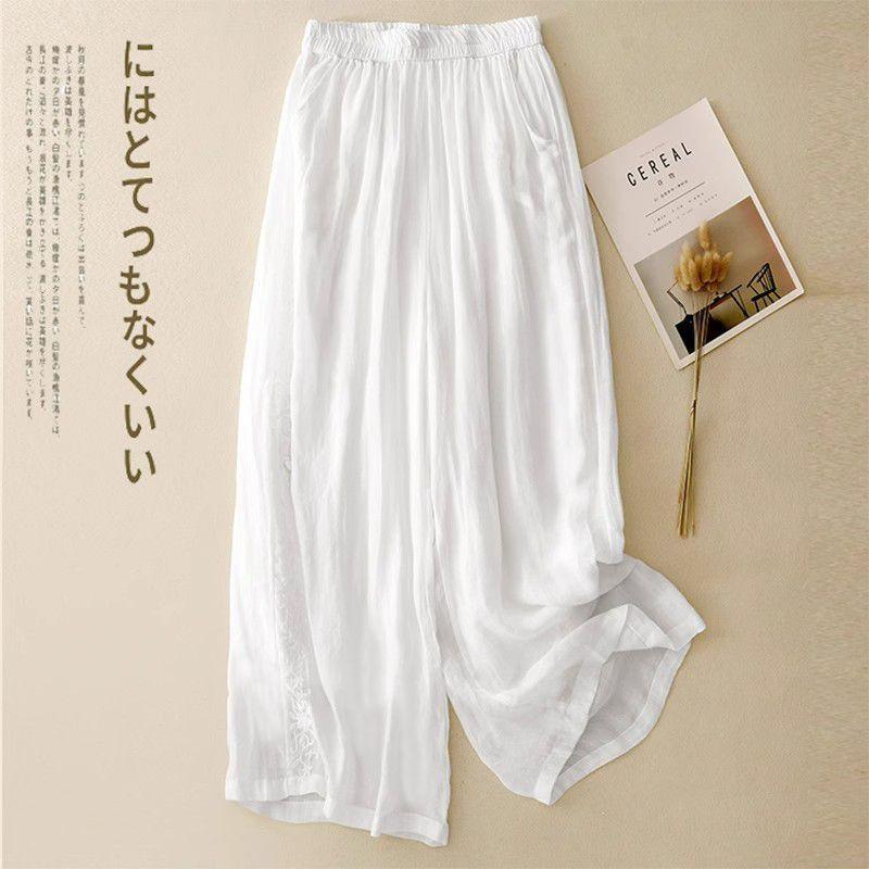 Vintage Embroidered Women's Wide-Leg Pants for Mothers, Summer Thin Elastic Waist Loose Casual Fashion Nine-Point Pants