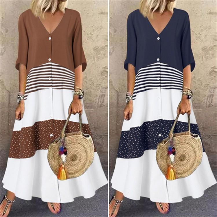 2022 Summer European & American V-neck Short-sleeve Printed Long Casual Dress