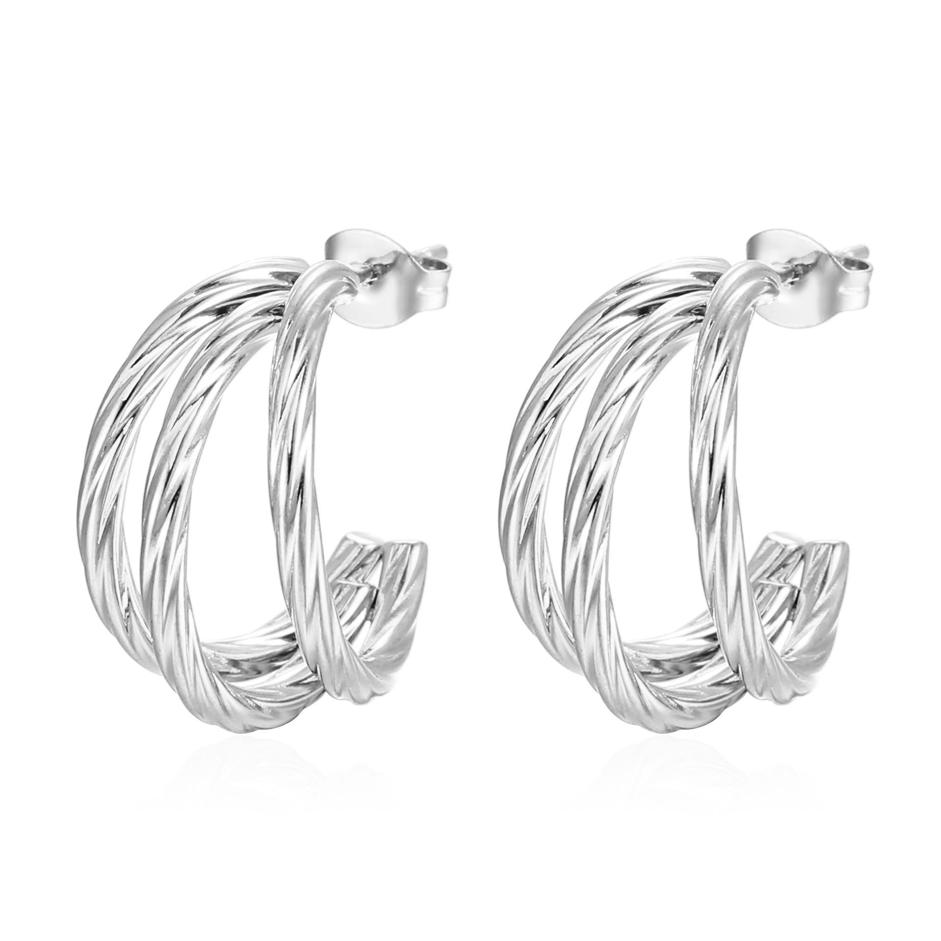 

Позолоченные 18-каратным золотом серьги-пусеты из нержавеющей стали с витым узором и тремя линиями - Модная женская бижутерия высокого класса