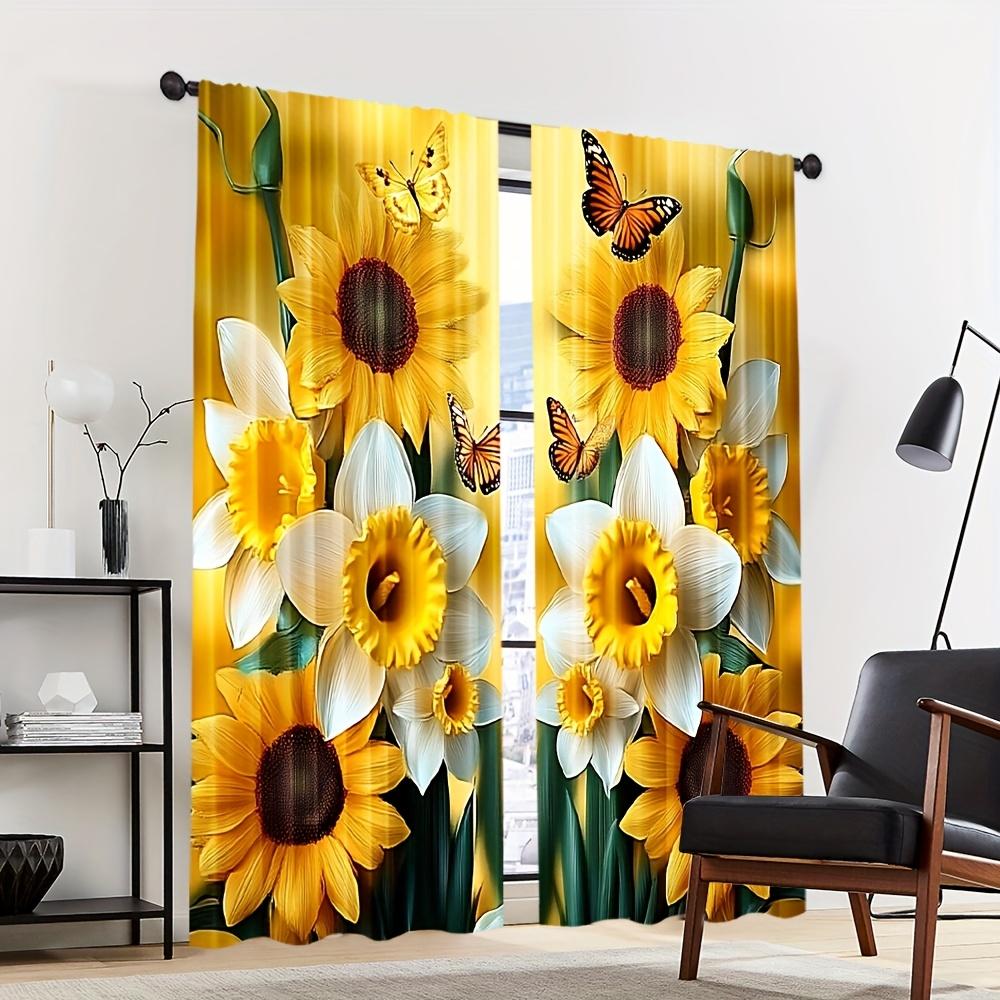 Sunflower Butterfly Print Curtains Polyester Pocket Rod Top Bedroom Living Room Office All Season Home Decor Curtain Ideal For Sitting
