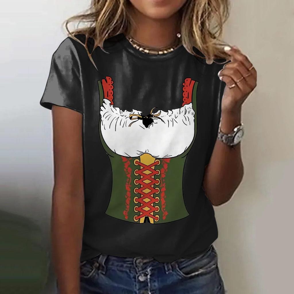 Women's Casual Pullover Short Sleeve T-Shirt Oktoberfest Print Crew Neck Top Lightweight Soft Fabric Comfortable Fit