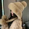 Hat female cute bear ears thickened fluffy hat autumn and winter versatile flower knitted hat outdoor windproof warm hat