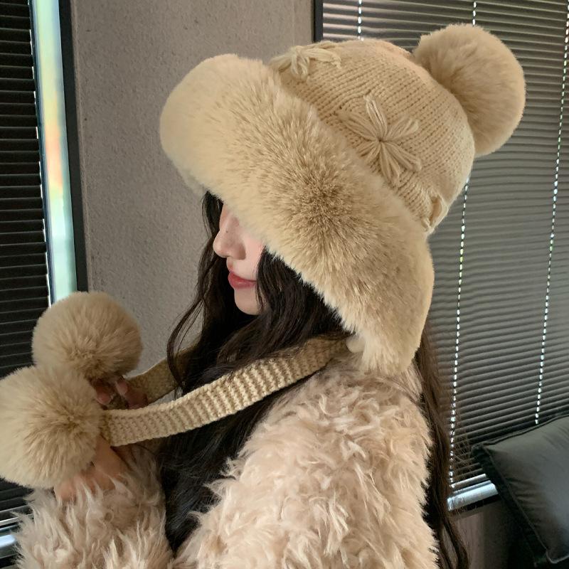 Hat female cute bear ears thickened fluffy hat autumn and winter versatile flower knitted hat outdoor windproof warm hat