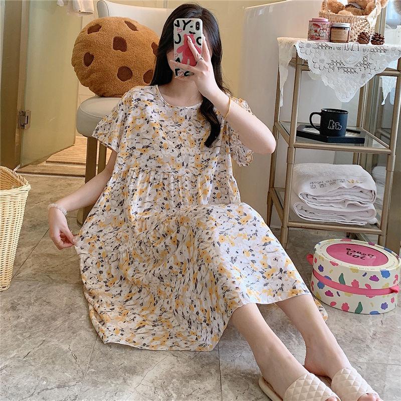 Cotton and Silk Nightgown Women's Summer Short-sleeved Large-size High-end Printed Maternity Pajamas Can Be Worn Outside Long Loungewear