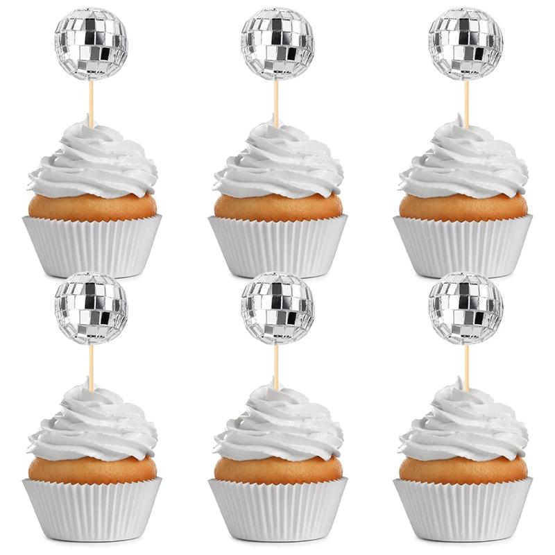 12/24Pcs 3cm Disco Ball Cupcake Picks Mirror Ball Cake Topper 70s Disco Party Decoration Wedding Birthday Cake Decor Supplies