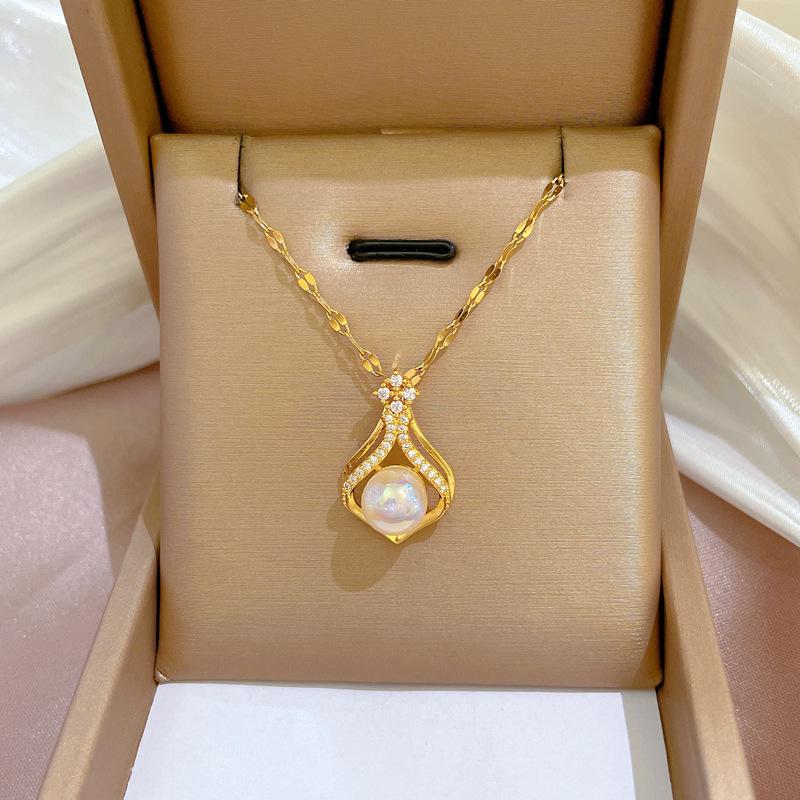 Titanium Steel Micro-Inlaid Gold Plated Women's Lucky Bead Necklace - Trendy Clavicle Chain Accessory
