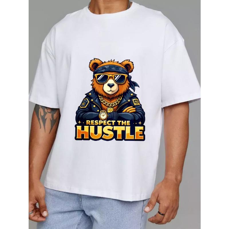 Crewneck T Shirt White Bear with Sunglasses and Bandana Respect The Hustle Graphic Print Streetwear Casual Wear