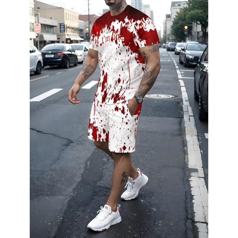 Men s 3D Print Casual Short Sleeve Outdoor Sports Set S