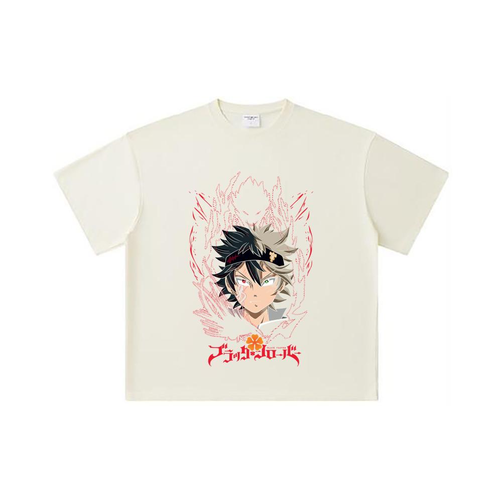 260 GSM Double Yarn 32 Count 100% Cotton Black Clover V4 Asta Print Unisex Heavy Cotton T Shirt