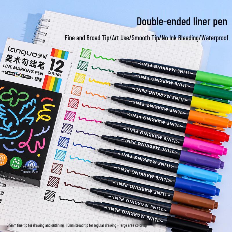 Blue Fruit Double-Ended Ultra-Fine Liner & Watercolor Pen for Primary School Doodling 0.5mm fine + 1.5mm broad