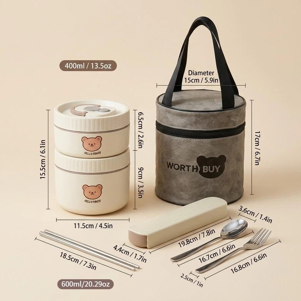 Kawaii 304 Stainless Steel Bento Box Thermal Lunch Box with Handle Microwave Safe Food Storage Containers for Kids Adults School