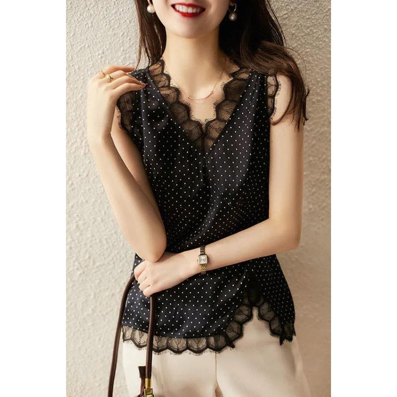 Womens Polka Dot V Neck Lace Sleeveless Blouse S чёрный