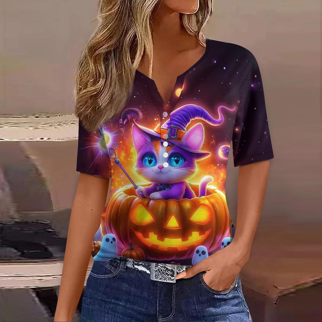 Dames T-skjorte Tee Halloween Trykket Knapp Kortermet Tunika Daglig Helgemote Basic V-hals Vanlig Topp