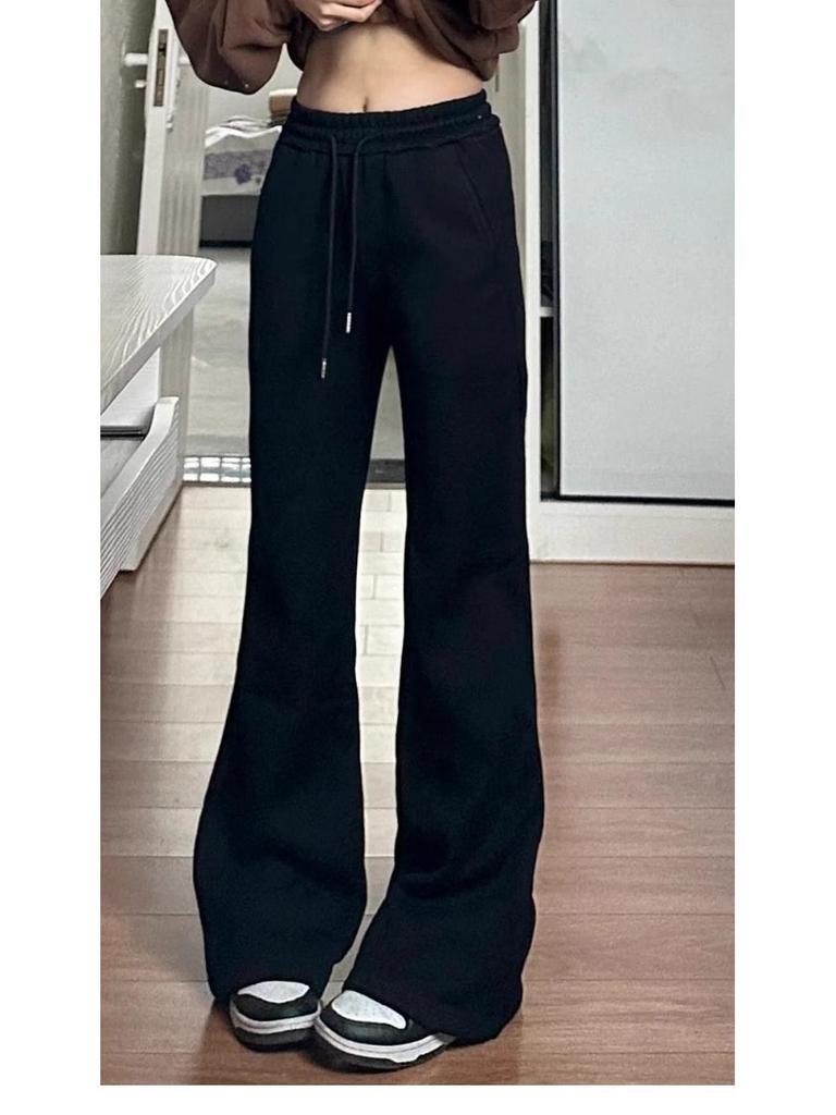 Pantalon de survêtement évasé noir taille haute pour femme - Printemps/Automne, Amincissant, Décontracté, Long jusqu'au sol avec cordon de serrage et drapé, Design en fer à cheval.