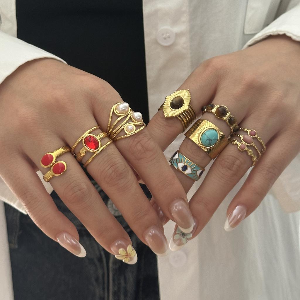 Stainless Steel Open Ring For Women Vintage Ethnic Style Natural Stone Enamel Evil Eye Finger Ring Party Wedding Banquet Jewelry