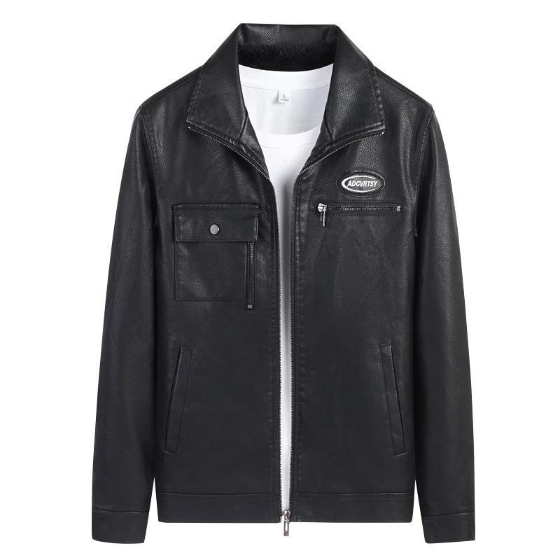 Multi-bag lapel tooling locomotive men's leather jacket winter velvet fashion casual leather jacket men