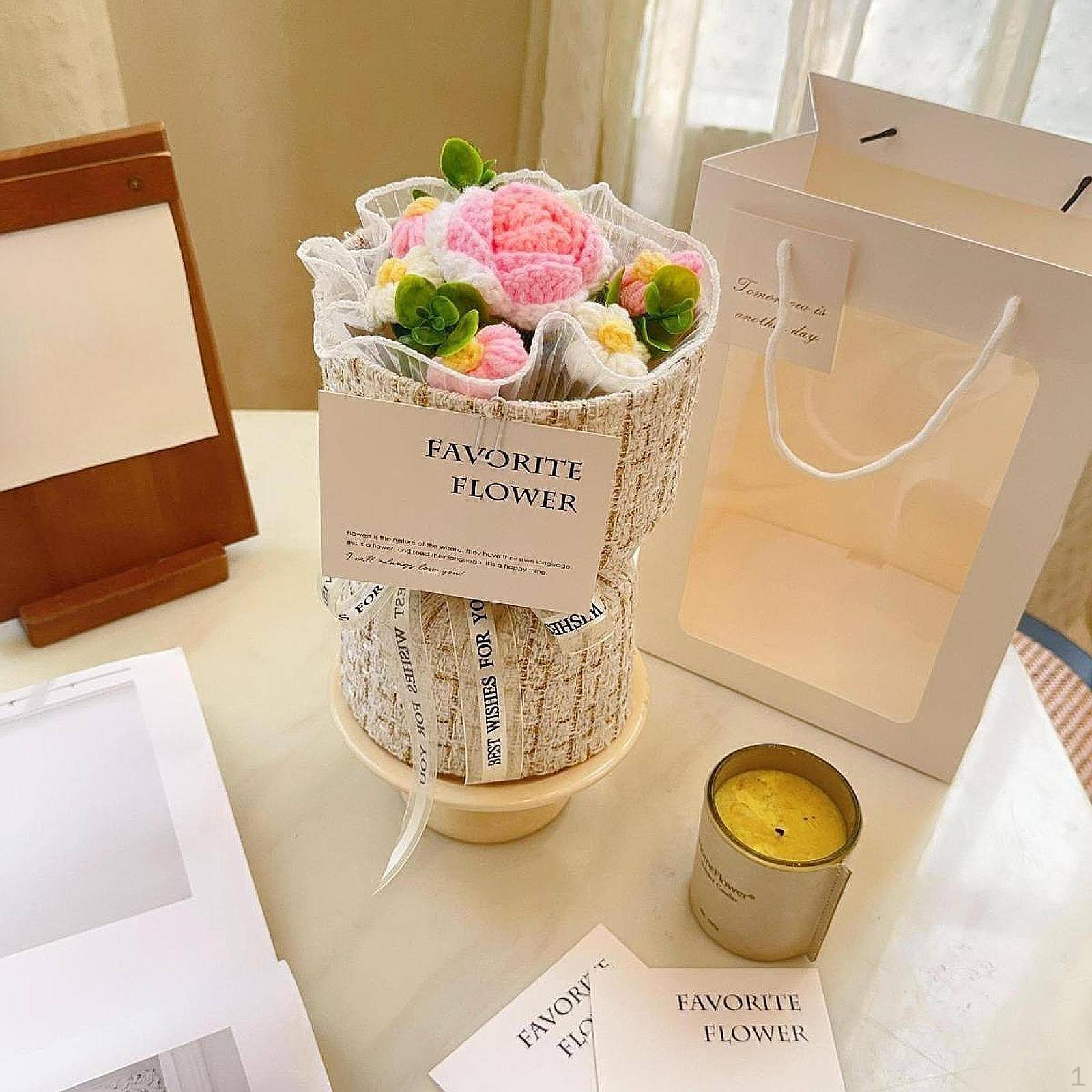 

Букет из цветов, связанных крючком, искусственная цветочная композиция, ручная работа, вязаный подарок Rose Pink