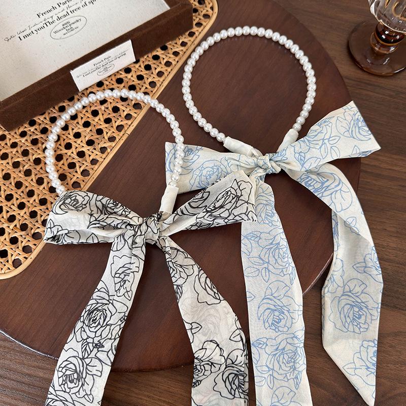 Rose Flowers Silk Scarf Hairband Retro Pearl Hair Hoop Braided Hair Streamers For Womens Girls Elegant Headband Hair Accessories