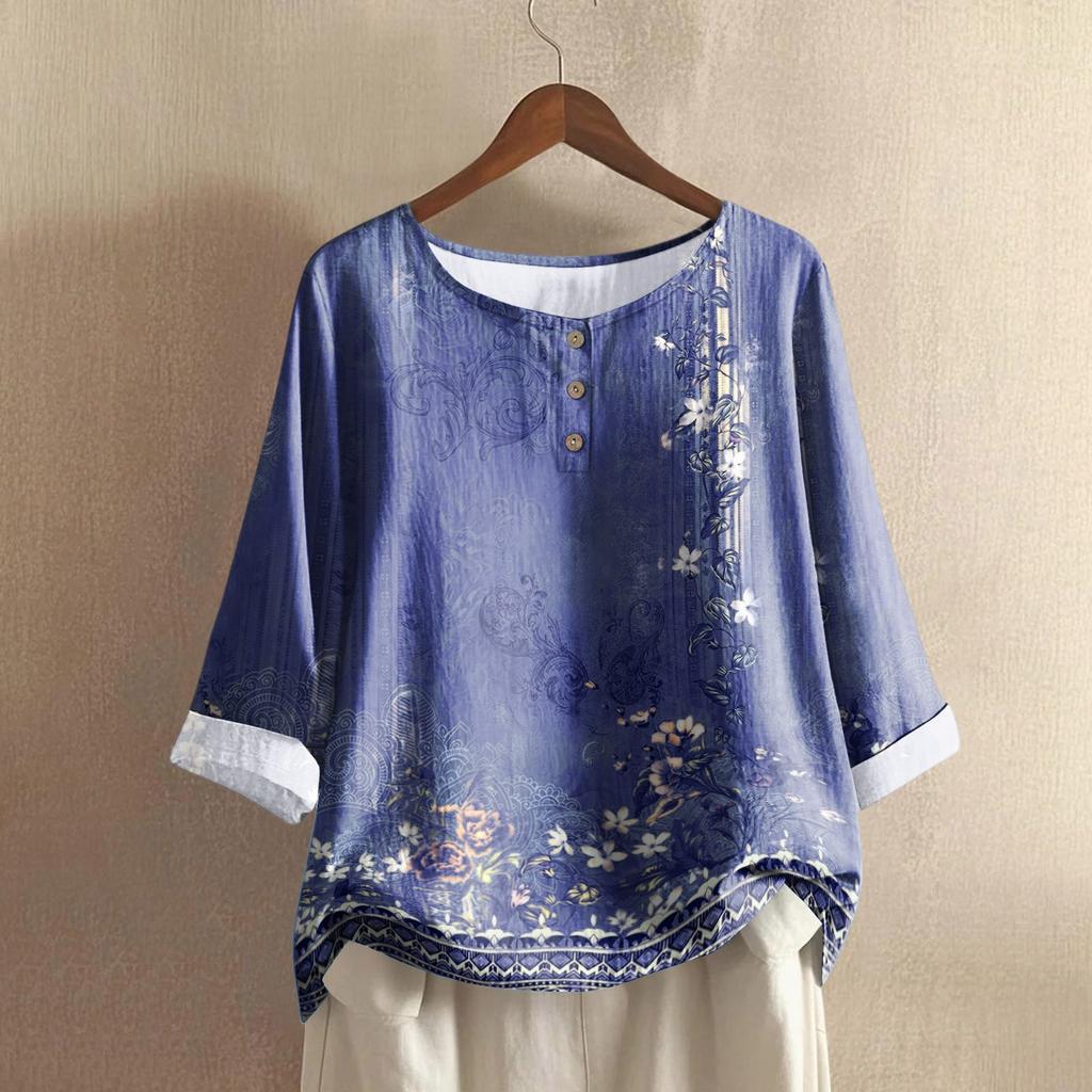 Women's Casual Three-quarter Sleeve Round Neck Gradient Color Printed Cotton And Linen Top