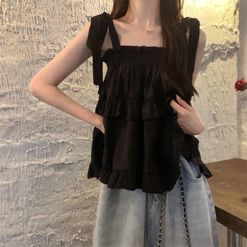 Sommer Rüschen Hemden und Blusen Uni Damen Bluse Trägertop Damen Carmen Ausschnitt Kleidung S schwarz
