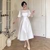 Women White Satin Cape Sleeve V Neck Midi Dress High Waist A-Line Plus Size Elegant Bridesmaid Wedding Guest Home Evening Party Gown