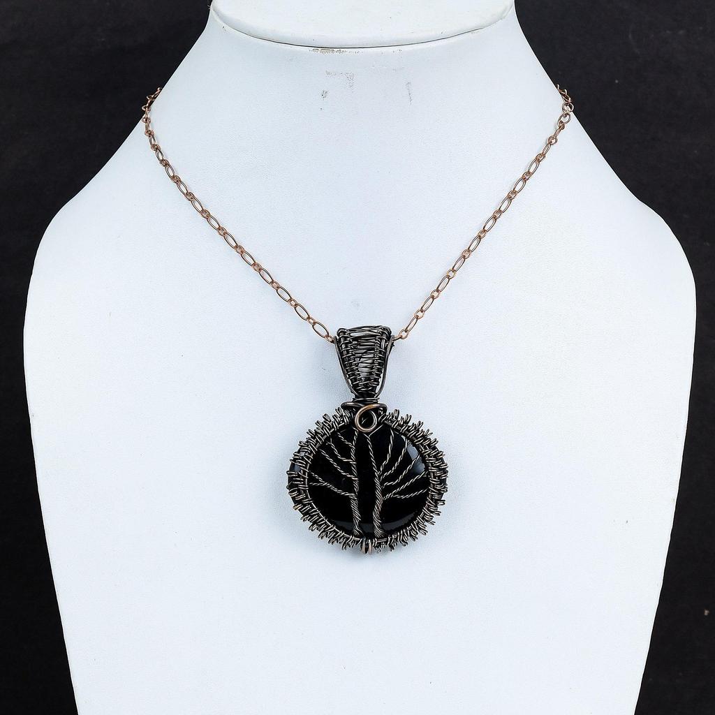 Double Tree Of Life Black Onyx Gemstone Handmade Copper Wire Wrap Jewelry Pendant For Love