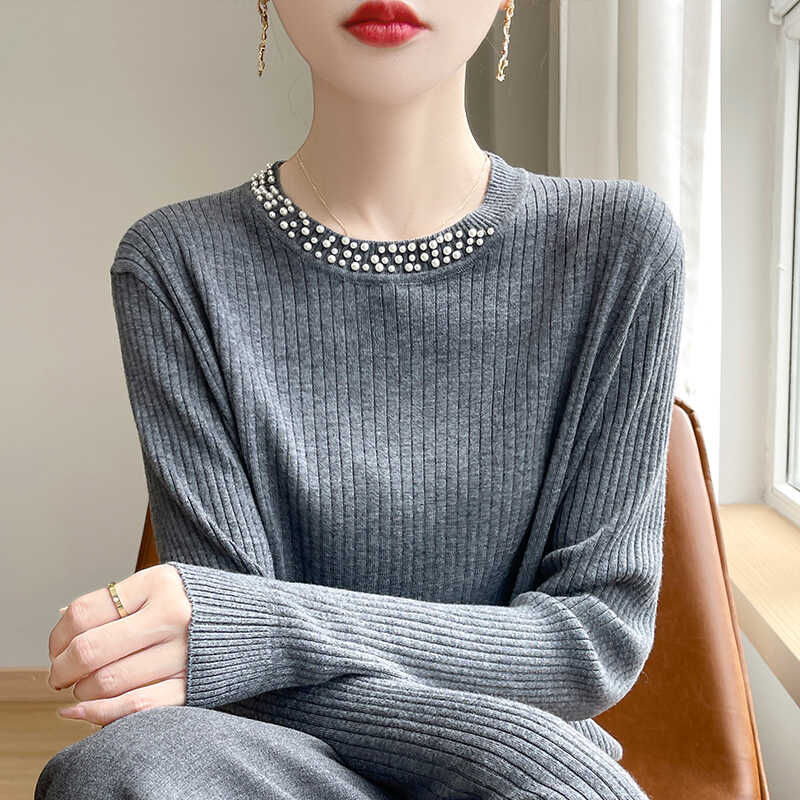 

Женские свитера, пуловеры 2025, осень-зима, длинный рукав, круглый вырез, бисер, черный вязаный свитер, женские топы, пуловер JJ104 One Size серый