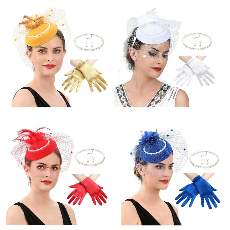 2025 Derby Hat For Women Feather Fascinator Hat and Necklace Earring Lace Short Gloves Set For Teas Party Church Wedding