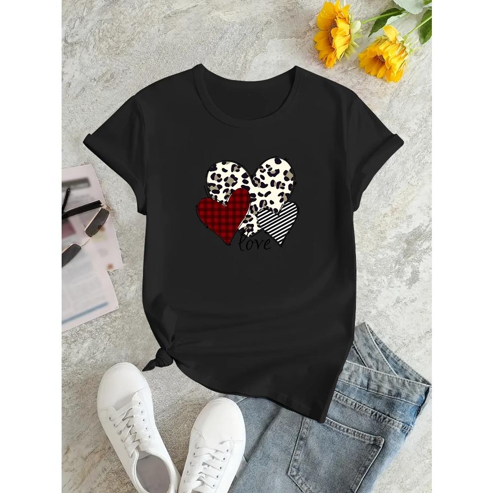 Summer Heart-shaped Love Pattern T-shirt Versatile Short-sleeved Round Neck Top Women's Clothing