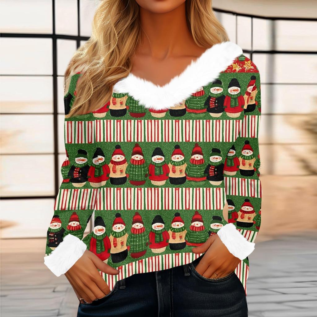 Women's Casual Long Sleeve Christmas Print Top with Plush Collar Holiday Tunic
