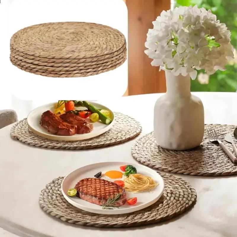 Handgewebte Rattan-Platzsets Rund Isolierte Teetassenuntersetzer Tischsets Geeignet für Restaurant Zuhause Hochzeitsdekoration