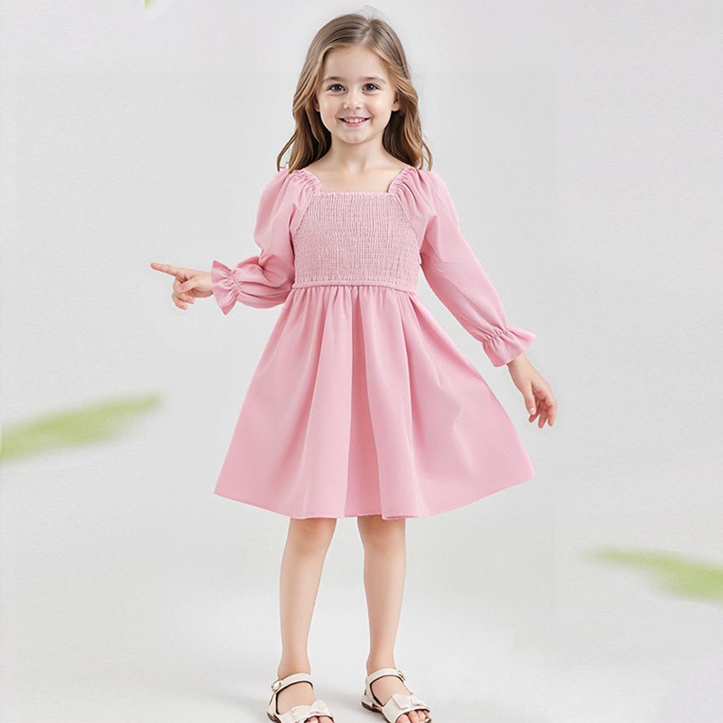 Girls' Fashion Cute Solid Color Square Neck Sleeve Ruffled High-Waisted Lace-Trimmed Full-Skirt Dress