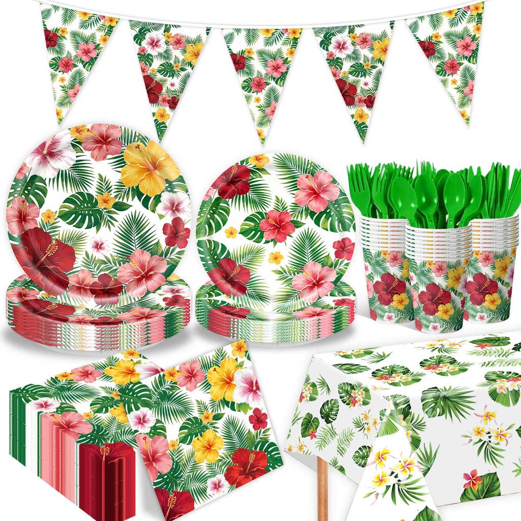 Hawaiian Leaf Summer Party Paper Plates, Napkins, Flags & Hanging Swirls Tableware Set