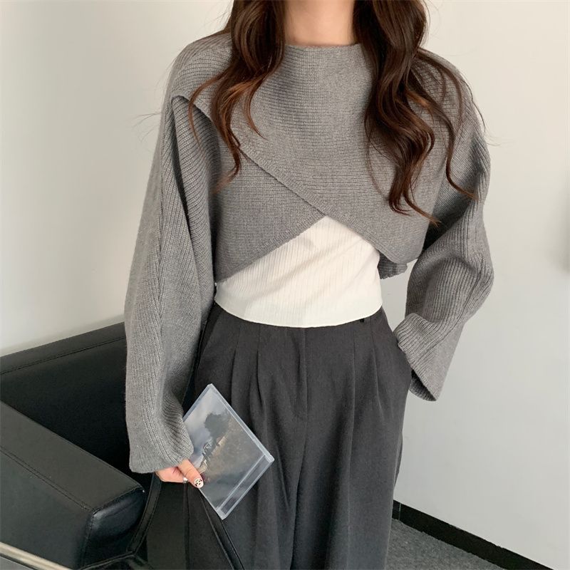 

Осінньо-зимовий новий короткий пуловер з круглим вирізом і круглим вирізом, жіночий вільний і ледачий дизайн, в’язаний светр на дотик One Size сірий колір