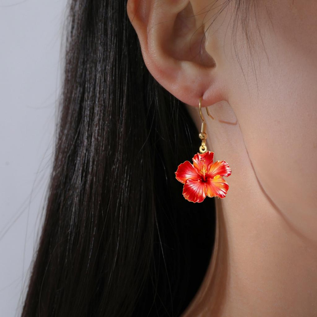 Edelstahl Rote Hibiskusblüten Ohrringe Rosa Hibiskus Hängende Ohrringe für Damen Geburtstagsgeschenk