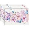 Pink Floral Placemats Set Flower Butterfly Watercolor Farmhouse Holiday Cafe Table Mats for Party Kitchen Dining Decoration