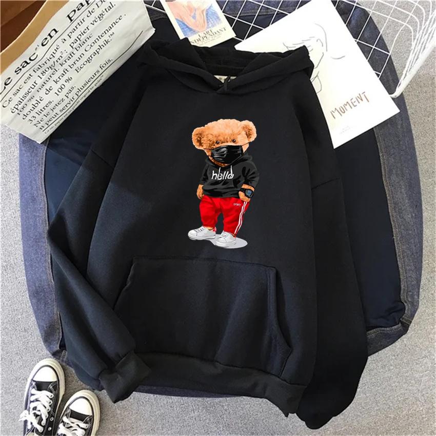 Hip Hop Women Hoodies cartoon Bear Print Fleece  Autumn Woman Casual Pullover Harajuku Streetwear Male Hoody Clothes Tops Unisex