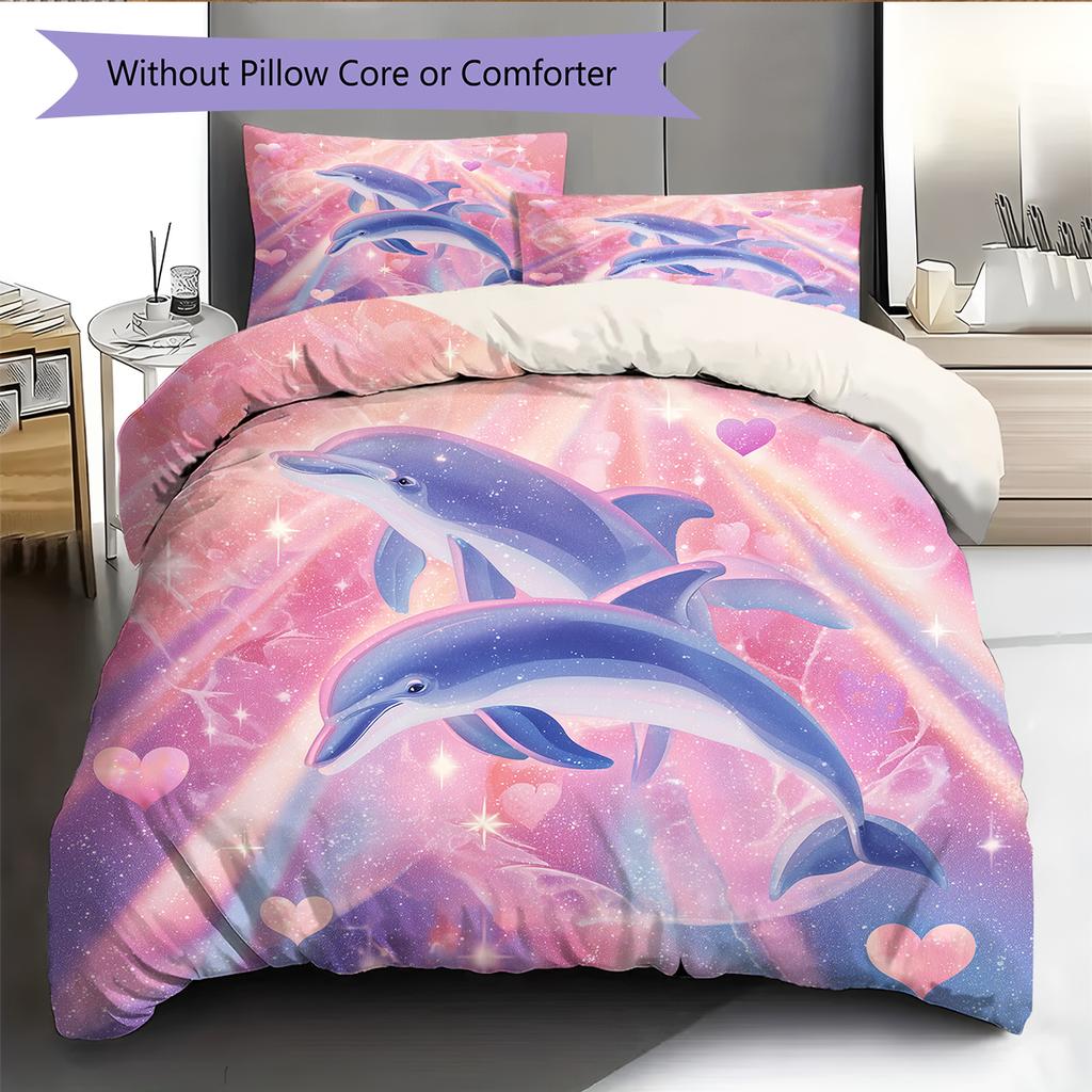 Kreslené Barevné Delfíní Vzor Povlečení Domácí Dekorace Narozeninový Dárek (1 * povlak na peřinu + 2 * povlak na polštář, bez jádra)
