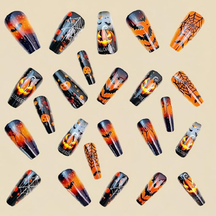 ABS Plastic Press On Nail Medium Square Halloween Design Pink Pumpkin Spiderweb Patterns For Parties And Daily Use