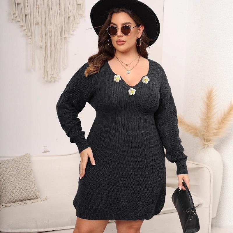 Women's Autumn and Winter New V-neck Woven Sweater Dress Hand Hook Flower Fitting Waist Dress