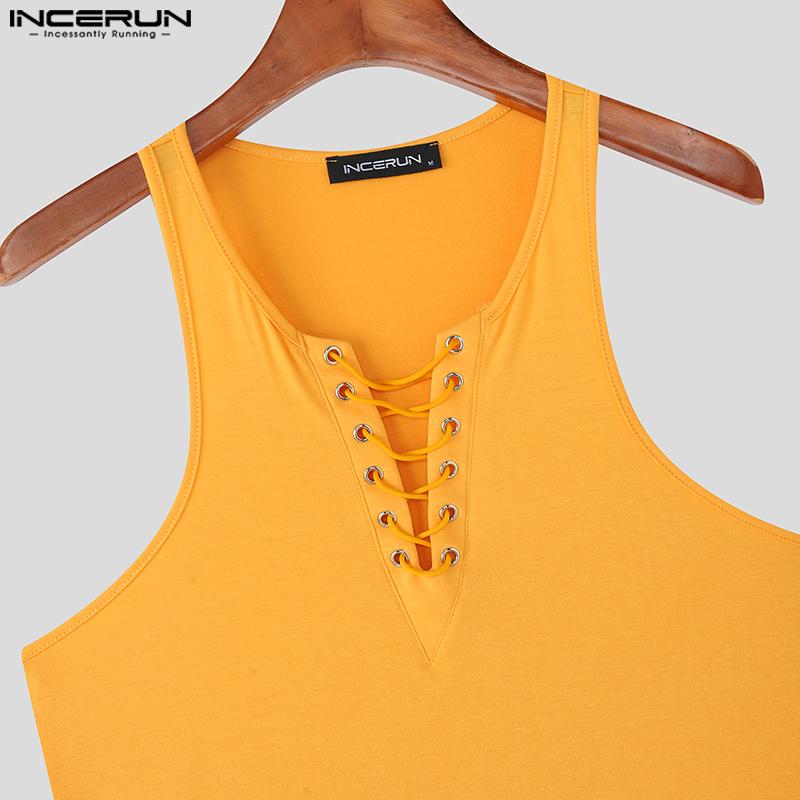 INCERUN Topuri Casual Bărbați Fără Mâneci cu Șireturi, Strâmte, Maiouri